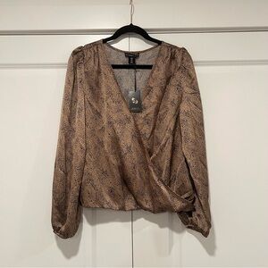 NWT Sincerely Jules Women's Wrap Blouse in Brown/Gold‎ with Black Polka Dots. Lg